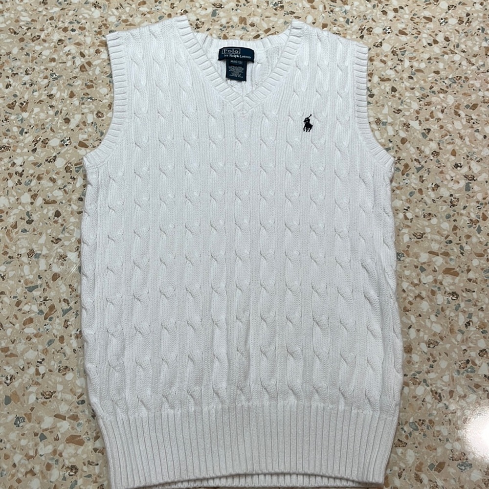 Polo white sweater vest. Cable knit.